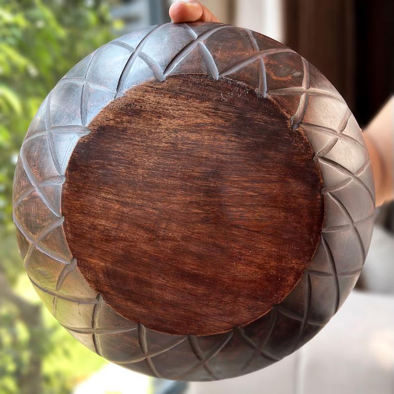 Dark Wood Bowl handmade, Hand Carved Wooden Bowl, Curved Wood Salad Bowl, Natural Wood Fruit Bowl, Decor Bowl for Living Room Kitchen