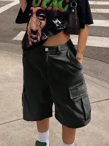 Apperloth Studio Women's Grey High Waist Cargo Knee-Length Shorts - Utility Pocket Wide Leg Bermuda Shorts for Y2K Streetwear