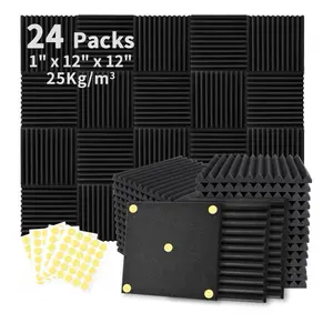 24 Pack Acoustic Foam Panels 1" x 12" x 12" Sound Proof Foam Panles Soundproofing Noise Cancelling Wedge Panels for Home Office Recoding Studio with 240PCS Double-Side Adhesive