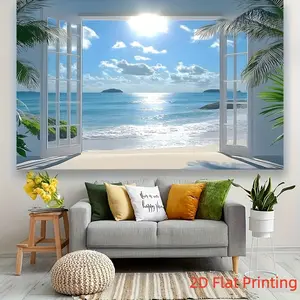 Tropical Island Landscape Photography Backdrop, Includes Coconut Trees and Waves, Polyester Material, Perfect for Weddings Birthdays Parties