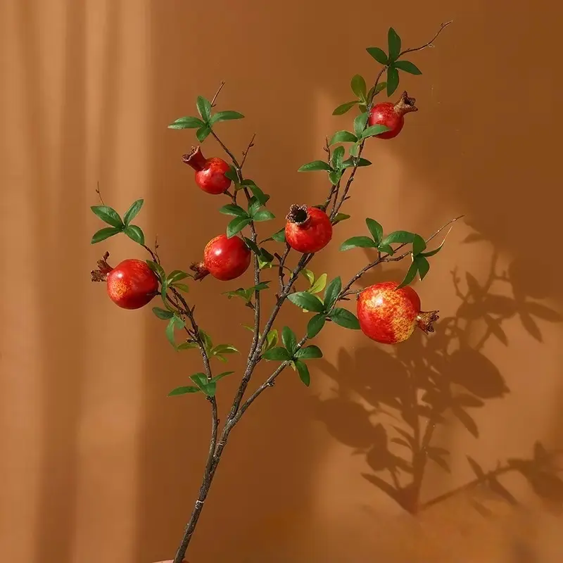 Artificial Pomegranate Branch in color red with Realistic Fruits and Green Leaves for Home Decor  22” 1pc