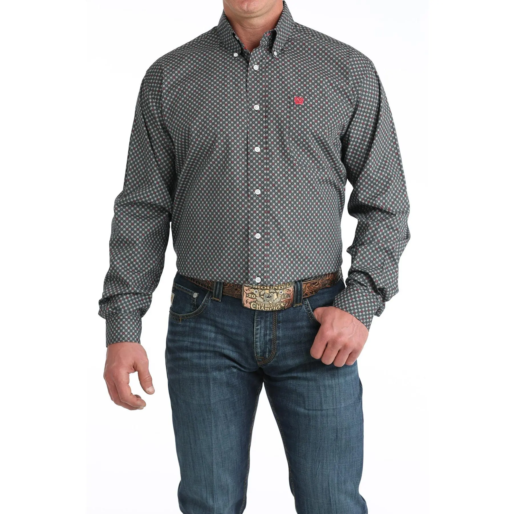 CINCH Men’s Traditional Long-Sleeve Western Button-Down Denim Shirt, Classic Black, Casual Menswear with Geometric Pink & Teal Print, Durable Fabric, Long Sleeves, Top, Longsleeves, Ranch