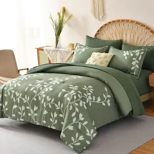King Size Comforter Set - 7 Pieces Floral Botanical Printed on Green King Comforter Set with Sheets, Soft Lightweight Microfiber Bedding Set for All Season(104"X90")