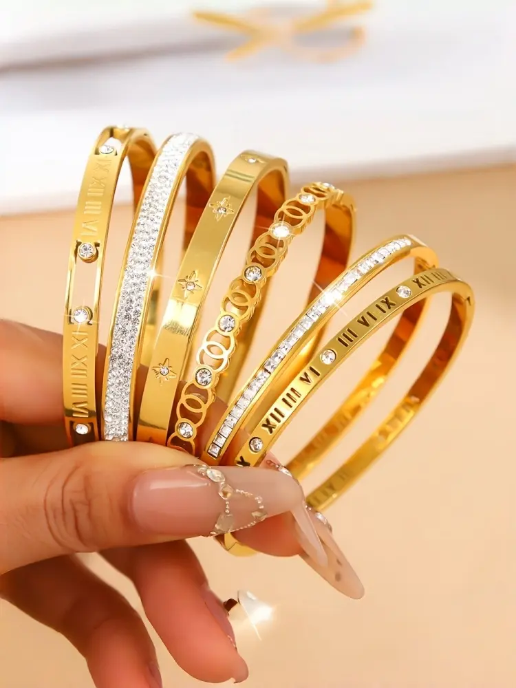 Women's 6PCS 18K Gold Plated Stainless Steel Bracelet Set - Roman Numeral, Star, Pavé Setting CZ Cuff Bangles, Hinged Stack, 2.36in Inner Diameter (Fits 5.7-6.7in Wrist), Jewelry Gifts for Her, Bracelets For Women