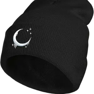 Unisex Warm Knitted Gothic Black Beanie - Skull Cap with Crescent & Stars Embroidery - Winter Casual Wear, Sports & Outdoor Accessory, Ideal Gift