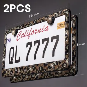 Queen’s Land 2PCS Cheetah Leopard Print Bling Sparkly License Plate Frame with Crystal Rhinestones, Sparkly Decorative Design, Plate Letters Fully Visible, No Blocking, Universal Fit, Car Accessories for Women