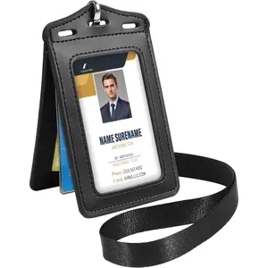 Leather ID Badge Holder with Lanyard, 5 Card Slots PU Leather ID Card Holder, Heavy Duty  Lanyard with Metal Clip for Office, School, Nurse, Teacher, Black