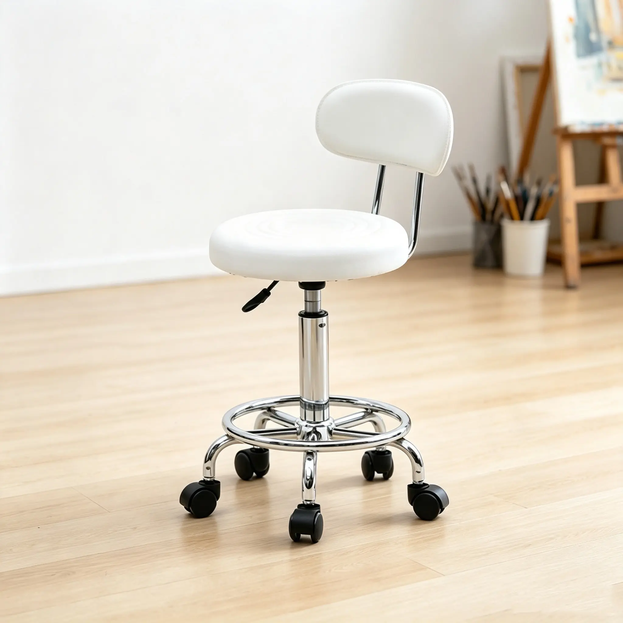 Adjustable White Office Stool with Chrome Base and Casters for Comfortable Workspaces