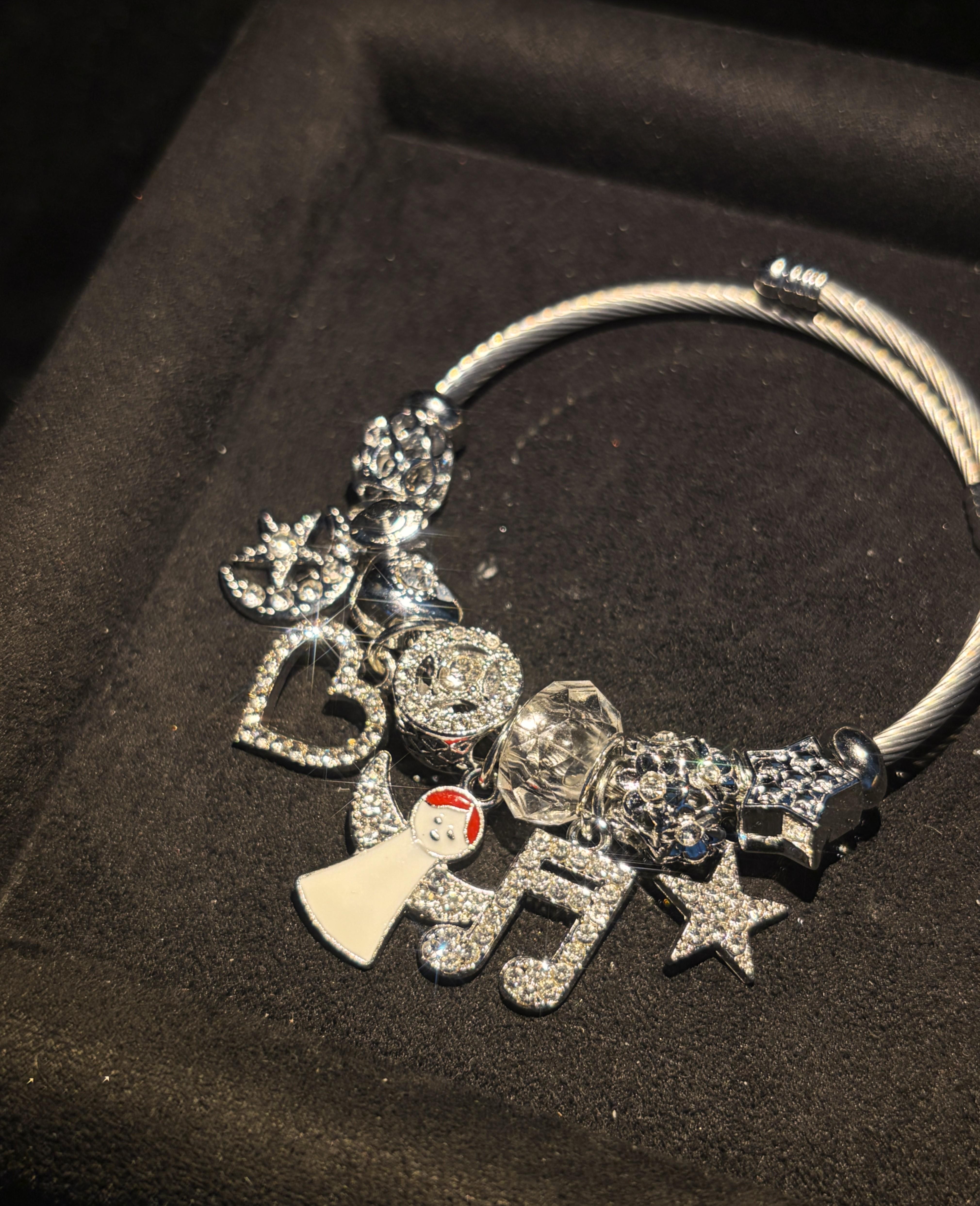 Sparkling Rhinestone Angel Music Note Heart Star Dangle Charms Silver Tone Open Wire Bangle, Elegant Beaded Jewelry Gift for Women