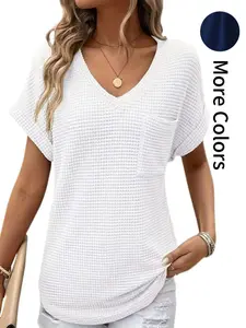 Women's V Neck Waffle Knit Sweater, Loose Fit Casual Plain Design, Comfortable Spring & Fall Tops, Versatile Commute Vacation Wear Knitwear