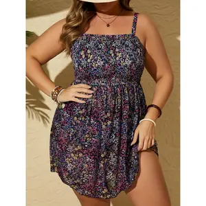 Print Plus Size Floral Bikini Set with Removable Pads & Mesh Skirt - Off-Shoulder, Stretchy Polyester Blend