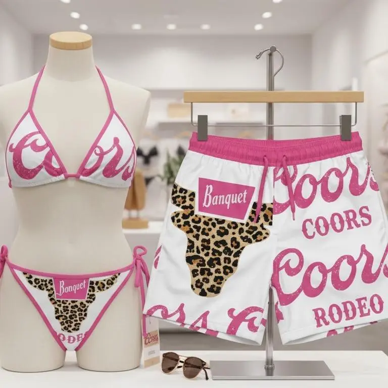 Collection Coors Swimsuits For Couples - Swim Bra & Tie Side Thong Bikini + Men's Beach Shorts, Summer Vacation Swimsuit, Hawaiian Short "