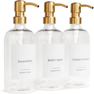Stylish Shampoo and Conditioner Dispenser Set of 3 Modern 21oz Shower Soap Bottles with Pump and Labels Easy to Refill Body Wash Dispensers for an Instant Bathroom Decor Upgrade Clear
