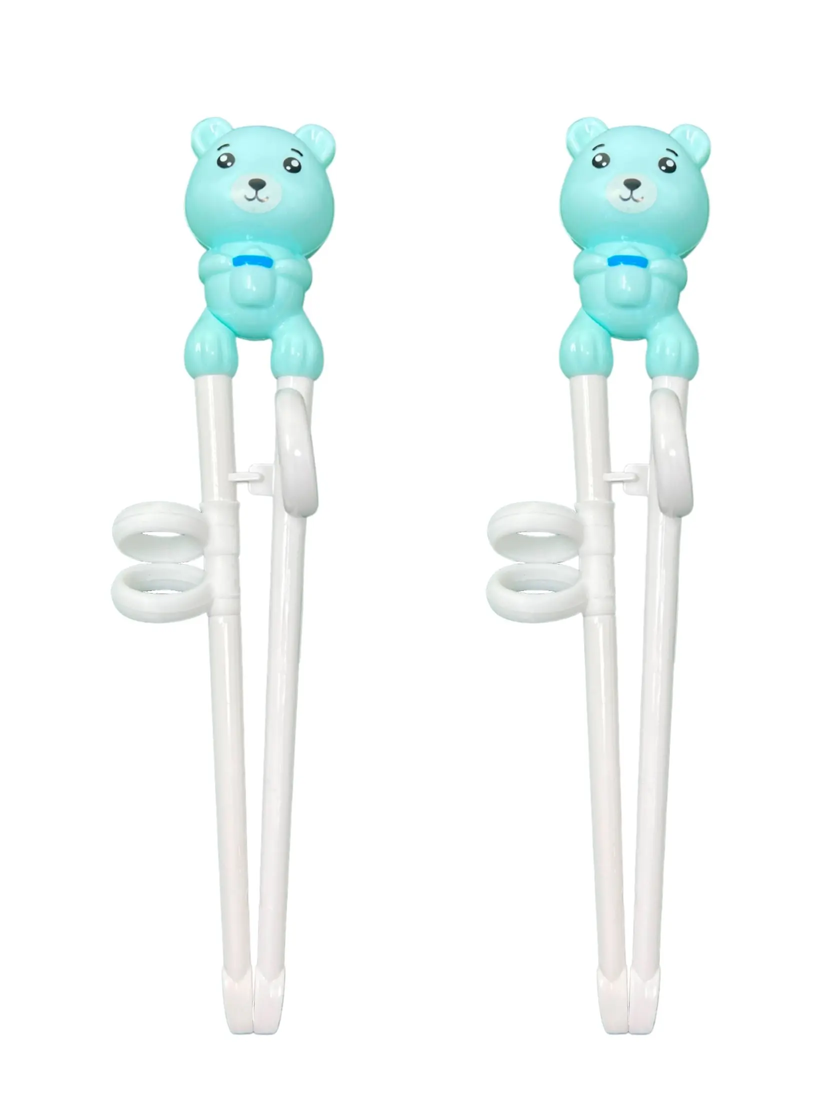 Pack of Bear Shaped Reusable Training Chopsticks for Beginners, Chopstick Learning Helper Utensils with Thumb Ring and Nonslip Silicone Rings - Teal, Cute, Kids, Set