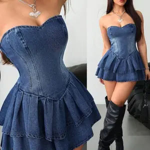 Women's Blue Denim Dress Y2k Clothes Tube Top Dress Party Dress short fashion dress