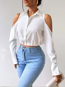 Women's Long Sleeve Fitted Casual Collared Shirt Blouse, Solid Color Button Front Office Collar Design, Business Casual Wear, Ladies Top for Work & Daily Use, Casual Button Up