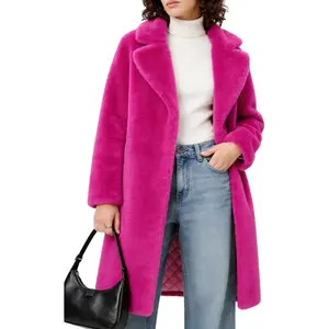 Women's Faux Fur Coat Teddy Fuzzy Fleece Open Front Elegant Lapel Collar Long Sleeve Longline Loose Jacket