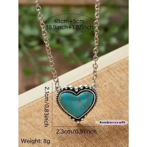 Women’s Boho Heart-Shaped Turquoise Pendant Necklace - Trendy Zinc Alloy Colorful Statement Necklaces, Exquisite Lightweight All-Match Chain, Perfect for Daily Wear, Party Accessory, Mother’s Day Gift