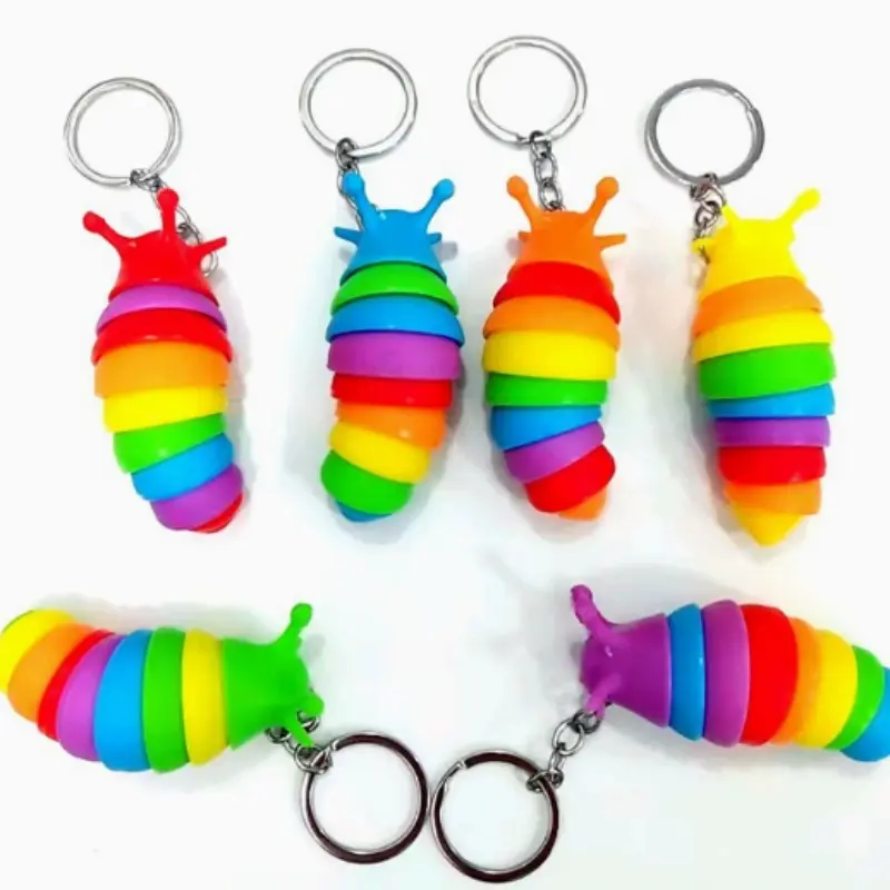 6 PCS Mini Fidget Slug Key-chain Toys,3D Articulated Stretch Caterpillar Sensory Stress Relief Flexible Hand Toy, Ideal Party Favor Cute Keychains Colorful Office Desk Pet Toys, Keychain Set (Random Color)