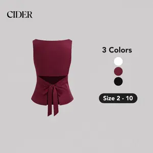 Cider [3 colors, size 0-10] Linen-blend Boat Neckline Solid Bowknot Tank Top