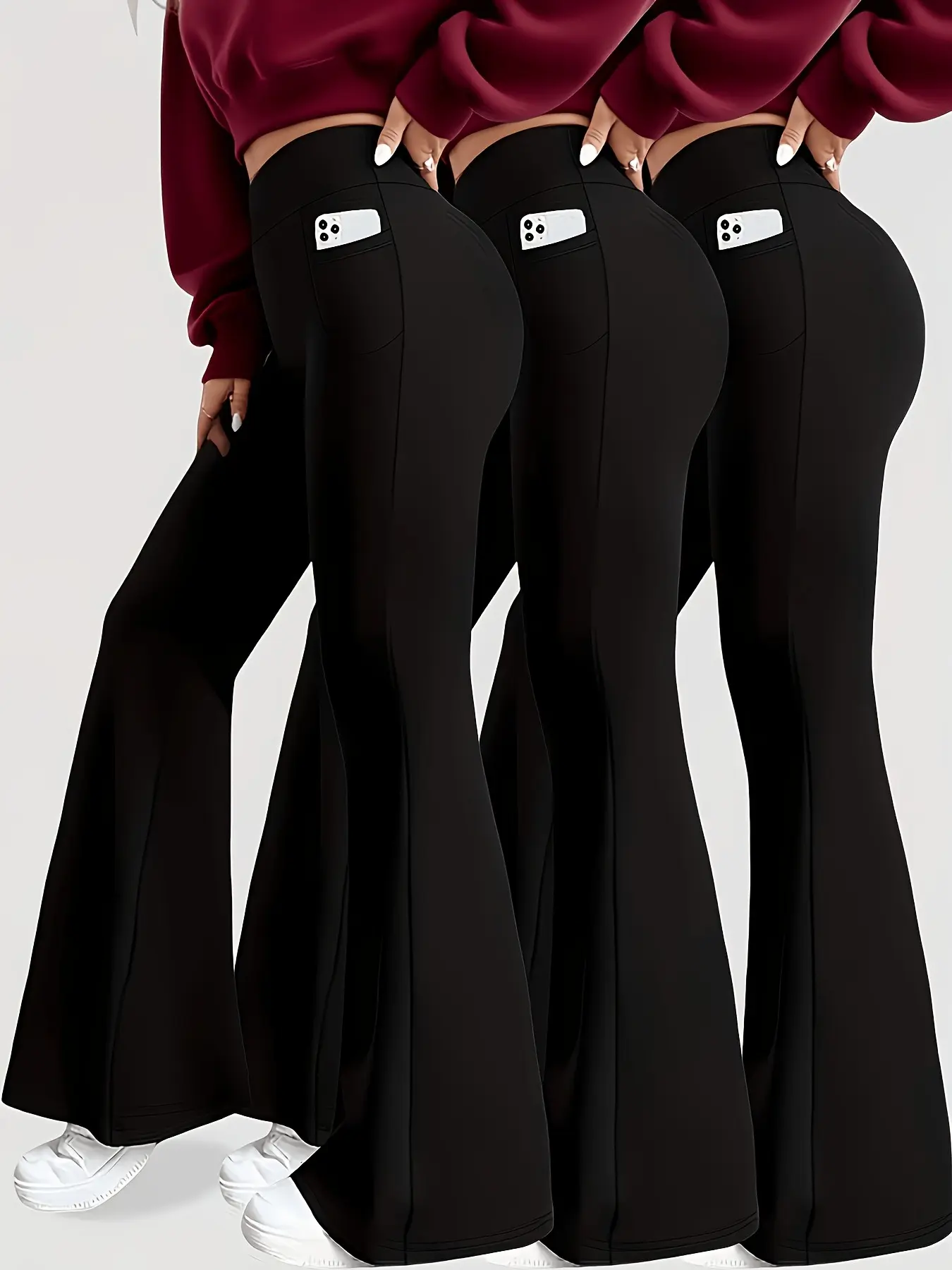 3pcs   comfy  Women's Flared Pants, Yoga Pants With High Waistband And Pockets, Featuring High Elasticity, Soft And Breathable Fabric, And A Slim Fit That Is Suitable For Daily Office Wear And Outings, As Well As For Activities Such As Yoga