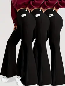 3pcs   comfy  Women's Flared Pants, Yoga Pants With High Waistband And Pockets, Featuring High Elasticity, Soft And Breathable Fabric, And A Slim Fit That Is Suitable For Daily Office Wear And Outings, As Well As For Activities Such As Yoga
