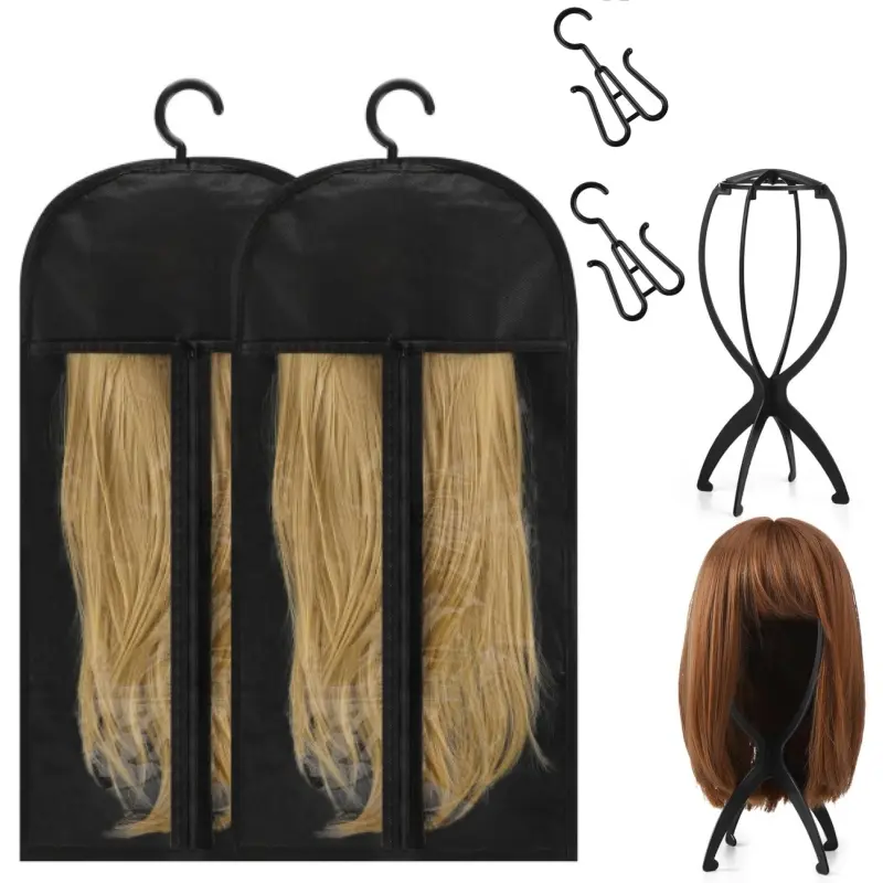 2 Pcs Wig Storage Bags with 2 Pack Wig Head Stand, Travel Wigs Holder Hat Display Wig Set for Home Salon Use, Black