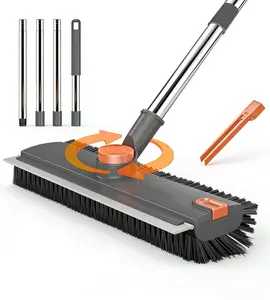 3-in-1 Floor Scrub Brush with Long Handle – Heavy Duty Cleaning Brush with 360° Rotating Adjustable Head & Stiff Bristles, Multi-Purpose Scrubber for Bathroom, Shower, Kitchen, Tile, Wall & Floor, Garage & Patio Cleaning Tool, Home Cleaning Squeegee