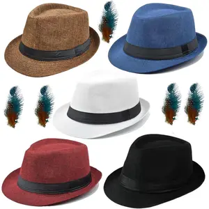 5 Pack Bulk Cuban Fedora Sun Hats Men with Adjustable Strap, Short Brim 1920s Unisex Party Costume Hats Women.