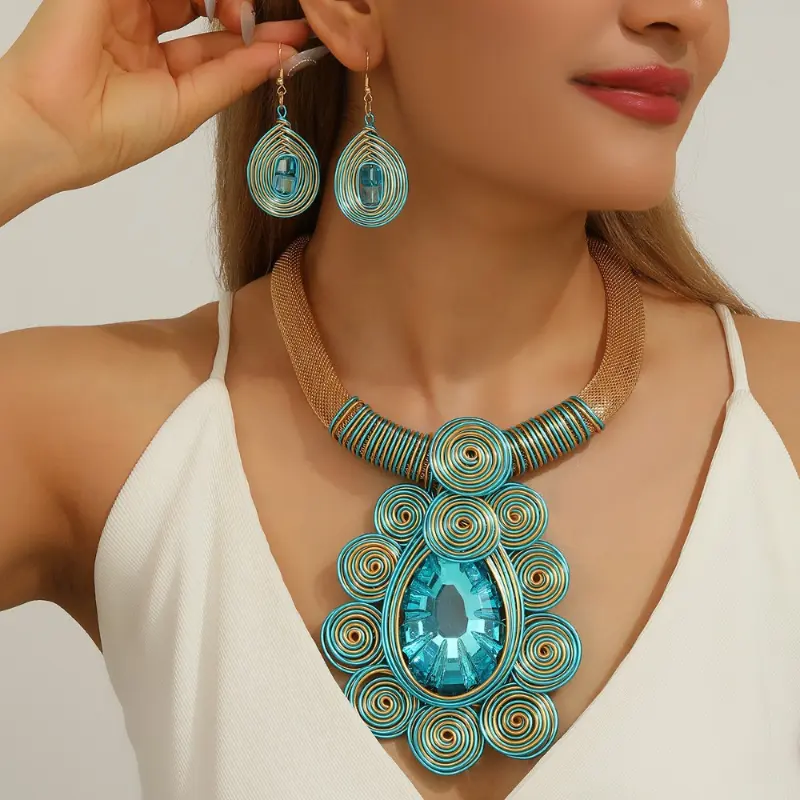 Ethnic Statement Necklace and Earring Set, Chunky Hand Woven Boho Jewelry with Artificial Crystals, Aluminum Alloy Party Accessories, Ornamental Accessory Sets, Ethnic Jewelry Sets