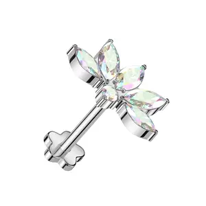 CZ Crystal Lotus Flower Marquise Threadless Push-In Flower Base Labret Stud - F136 Implant Grade Titanium