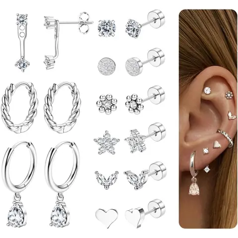 ZELORES Female 9-Pair Gold Plated Stainless Steel Earring Stacking Set, Heart Shaped Rhinestone Ear Studs, Non-Tarnish Flat Back Stud Earrings Jewelry for Helix, Daily Wear Fashion Body Accessories
