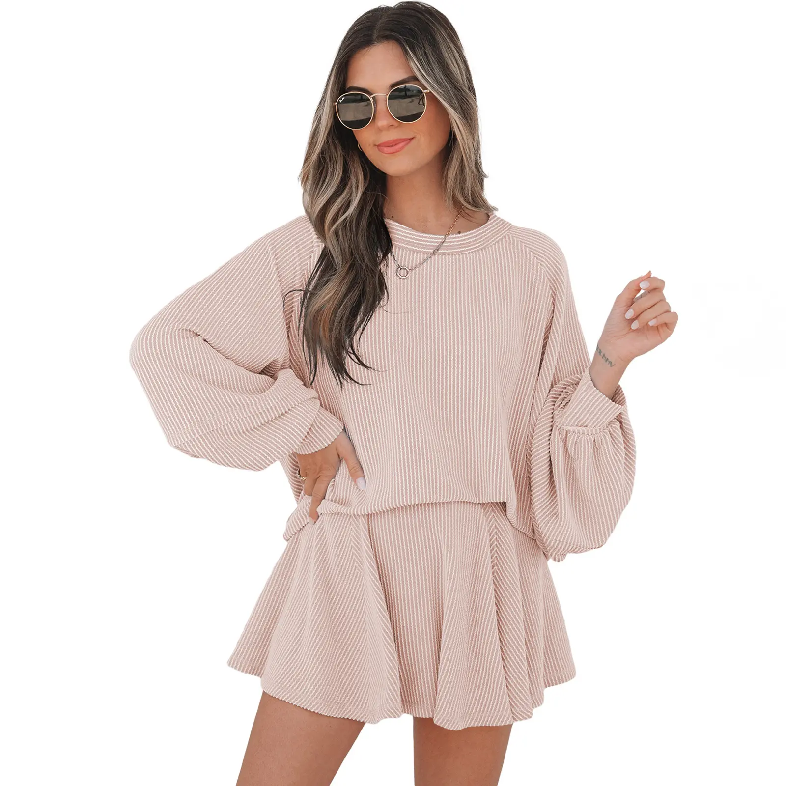 Women's 2-Piece Oversized Ribbed Loungewear Set - Corded Long Lantern Sleeve Top, High Waist Ruffled Mini Skirt for Casual Wear, Long Sleeve Dress Womenswear