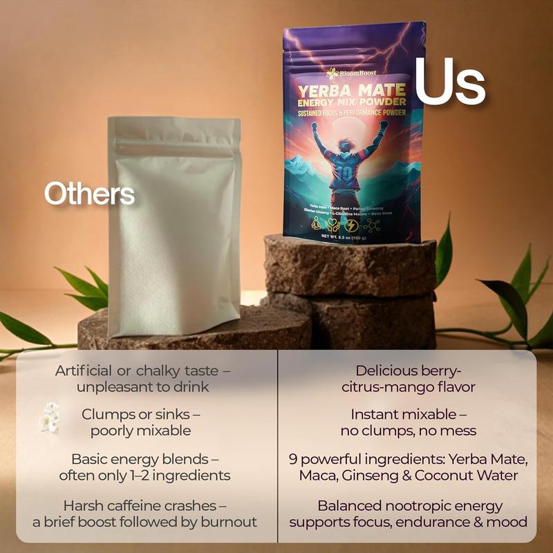 Yerba Mate Energy Drink Mix Powder with Maca, Ginseng, Beet Root, Electrolytes & B12 – Sugar-Free, Vegan, 5.3 oz (15 Servings)