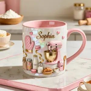 Personalized Baking Mug 2D Printed 3D Effect Coffee Cup, Custom Name Ceramic Mug for Bakers Pastry Chefs Kitchen Lovers, Cute Kitchen Keepsake, Sweet Gift Idea for Her Women Friends Birthday Housewarming Celebration Present