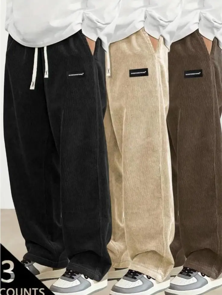 Men's 3-Pack Solid Color Retro Corduroy Joggers - Black,Brown,Green,Grey,Khaki - Loose Fit Adjustable Pants with Elastic Waist,Drawstring,Patch Logo Adds Retro Street Edge - Casual Joggers,Autumn Winter Wear,S-3XL, Solid Color Joggers, Adjustable Men's Pa