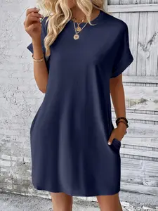 Women's Plain Curved Hem Tee Dress, Casual Short Sleeve Crew Neck Dress for Spring & Fall, Women's Clothing for Daily Wear, Basic Womenswear