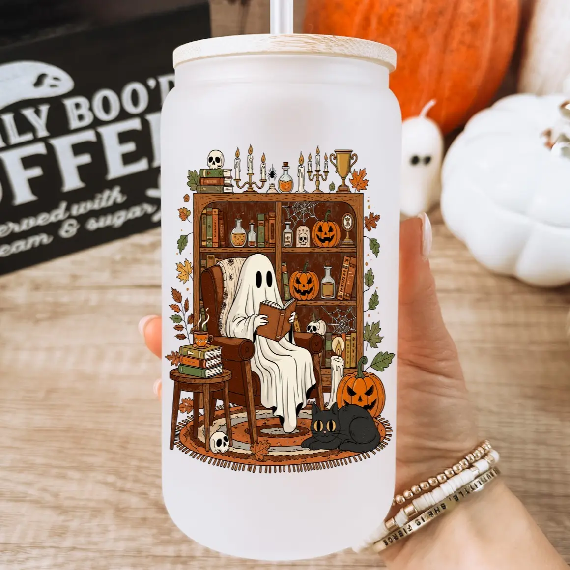 Ghost Reading Glass Cup With lid and Straw, Halloween Pumpkins 16oz Frosted Glass Tumbler with Bamboo Lid, Spooky Season Black Cat Booktok Library Gift Drinkware Plastic