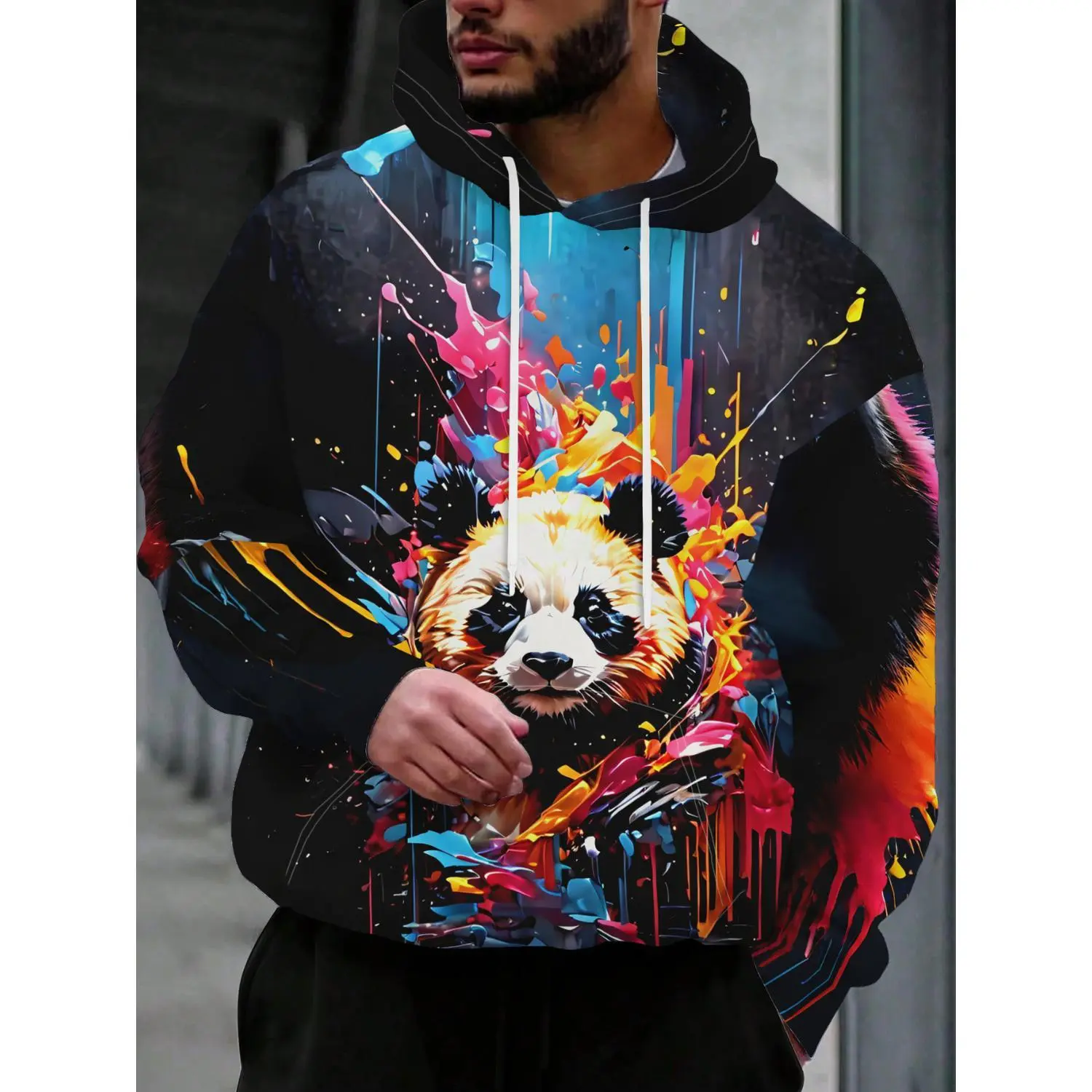 Men's Trendy Streetwear Hooded Sweatshirt with Panda Ink and Colorful Splatter - Artistic Design with Unique Style, Features Drawstring for a Casual Look