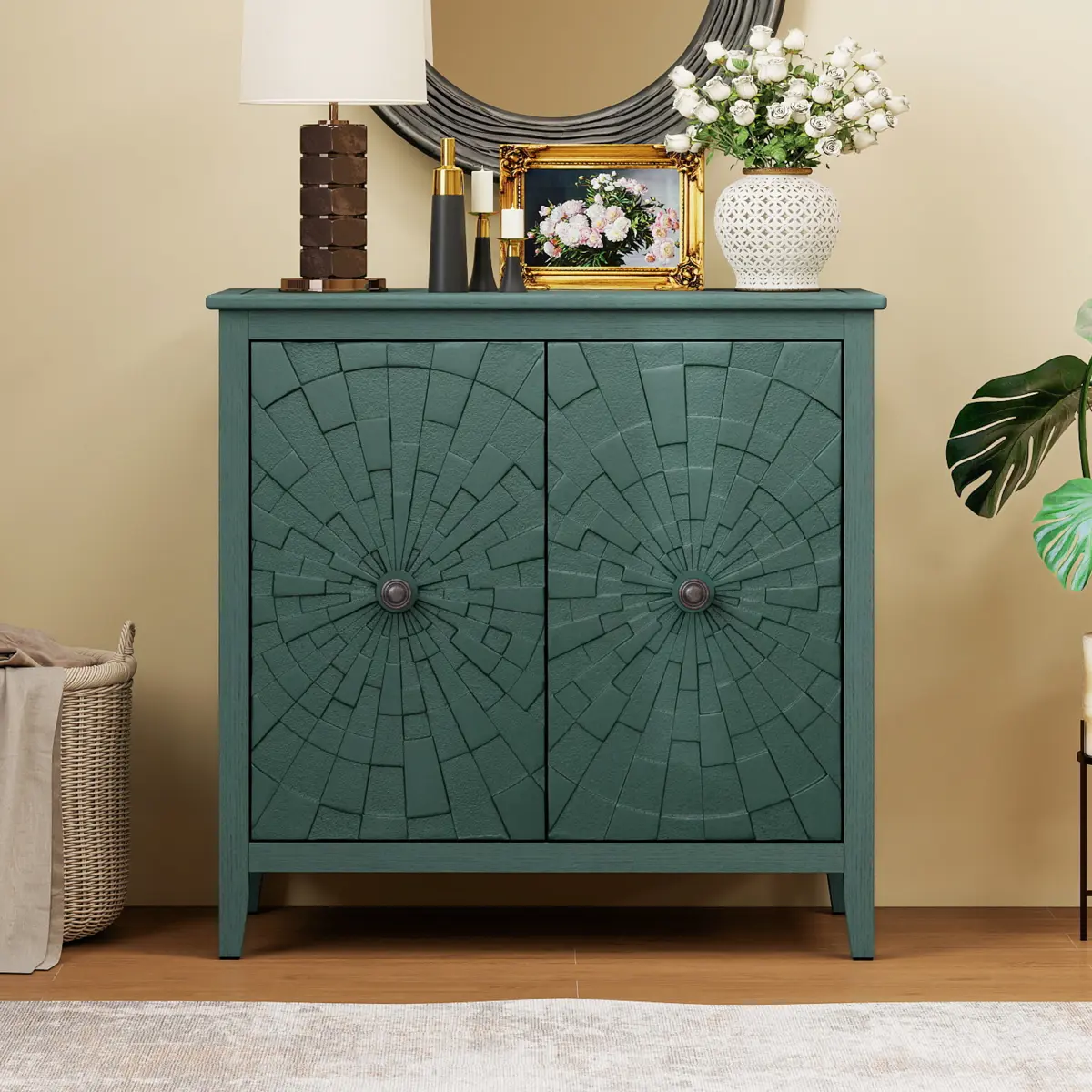 Aobtkel Vintage Composite Wood Sideboard Cabinet - Classic Retro, Architectural Style, Carved Roman Column Legs, Hand-Painted Green Finish, Hidden Storage, Reinforced Structure, Raised Base for Easy Cleaning, for Living & Dining Room, Composite Wood Side