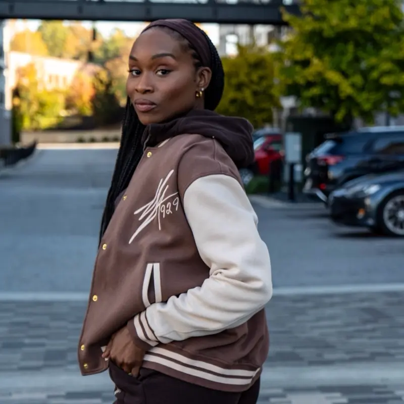 MA929 Varsity Jacket - Brown & Cream Color Block Design with White Stripes and Gold Buttons for Stylish Comfort