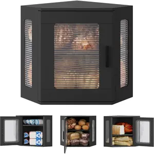 Bread Box for Countertop Large Corner Bread Loaf Container Layer Wooden Bread Boxes Bin Farmhouse Pantry Shelf with Acrylic Window, Black