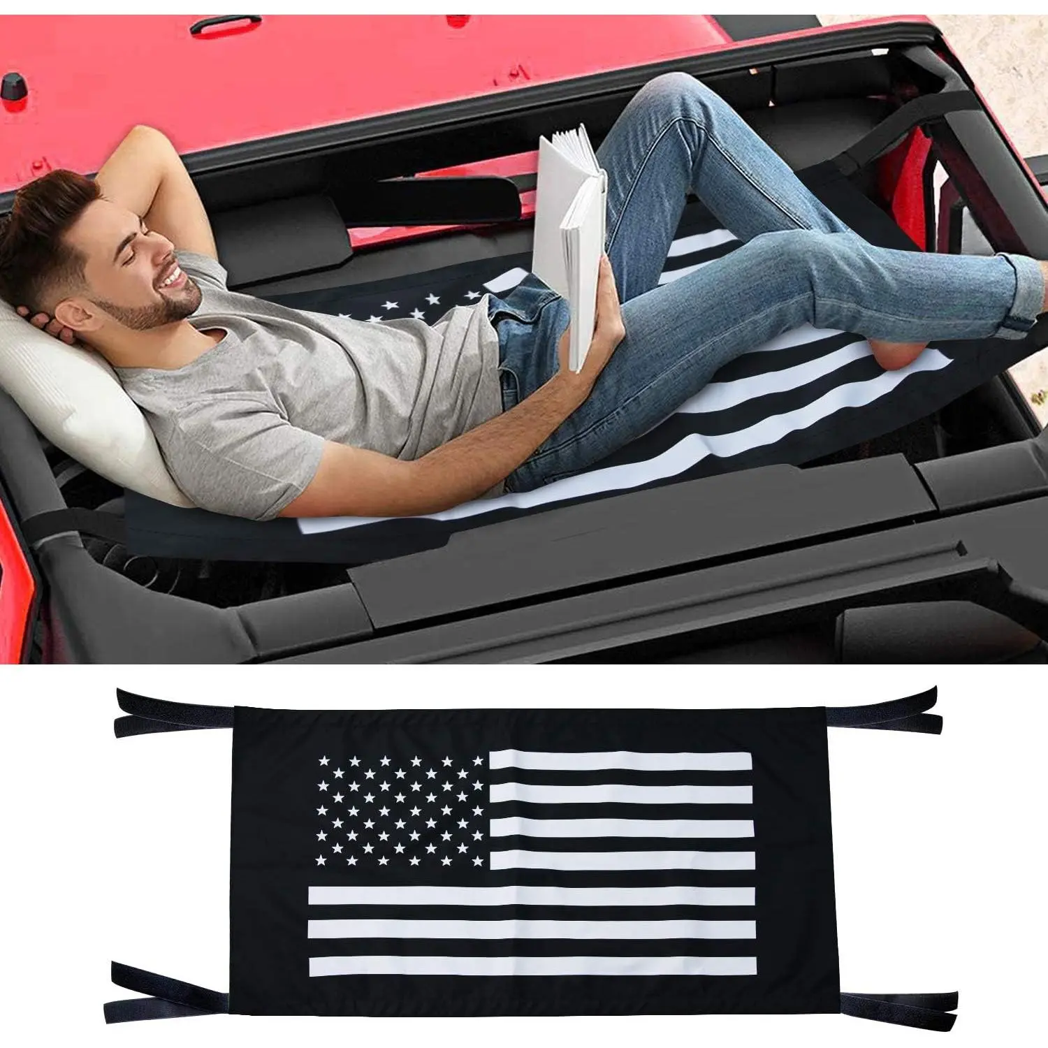 USA Flag Hammock,Cargo Net Roof Top Netting Hammock for Jeep Wrangler YJ TJ JK JKU JL JLU JT 1987-2021 Waterproof & Comfortable Fabric Black