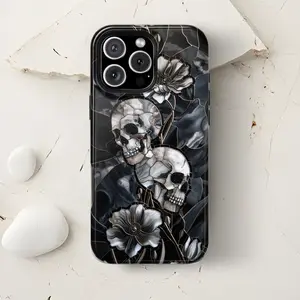 Gothic Skull Wildflowers Magsafe / Tough Phone Case, Dark Academia Mosaic Design  Slim Shockproof Protective Cover, Fits iPhone 17 16 15 14 13 12
