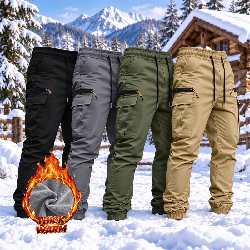 Men’s fleece-lined tactical cargo work pants, windproof and warm, multi-pocket long trousers, regular fit for autumn/winter outdoor wear Casual Men's Thermal Hiking Snowpants