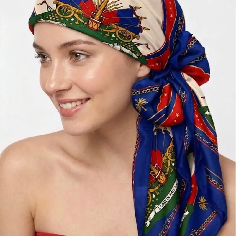 Scarf for Hair, Head, Neck- Scarves with Patriotic Red, White & Blue Palm Tree, Versatile Fashion Shawl for Haitian Independence Day & Heritage Celebration, Perfect as a Bandana for Parade Attire, Cultural Festival Looks, Home Decor