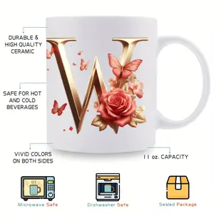 Bpa Free 11oz Ceramic Mug with Alphabet and Floral Design Perfect for Daily Use and Celebrations