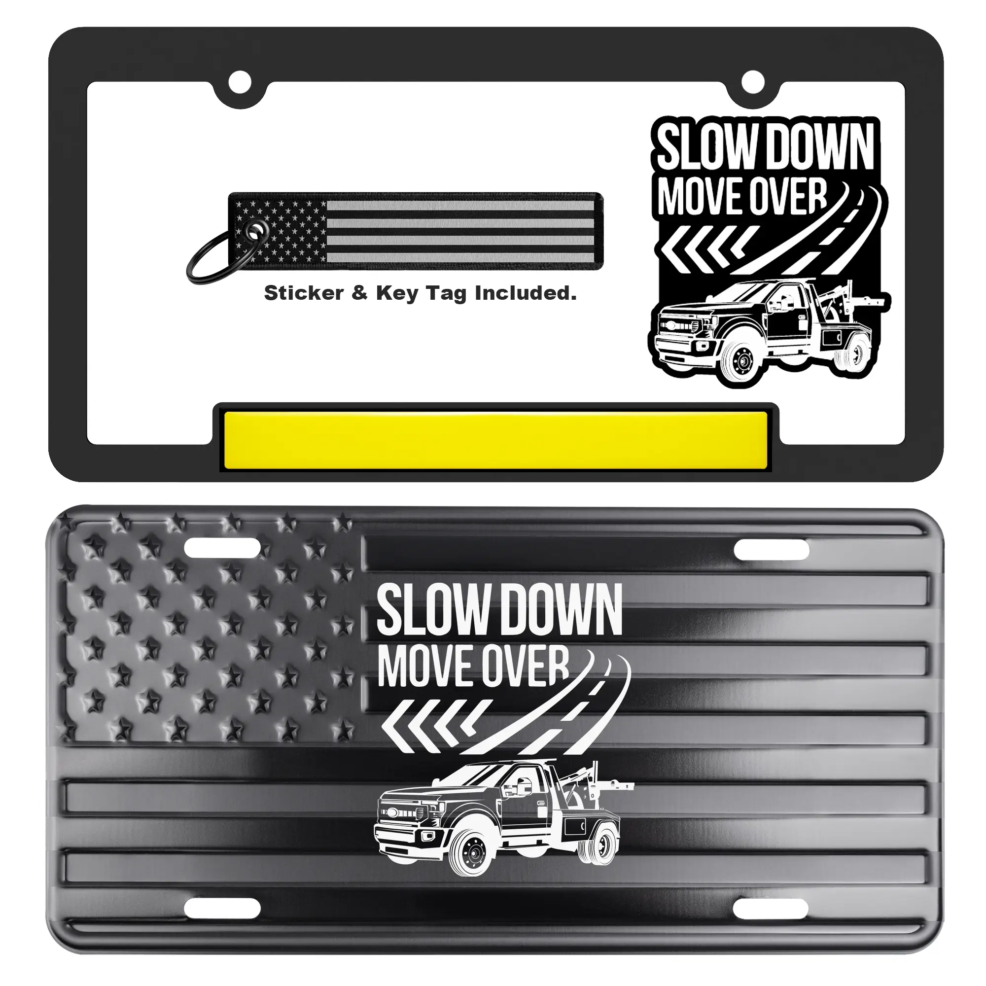 Slow Down Move Over Tow Truck Operator American Flag License Plate, Frame, Key Tag & Sticker Combo