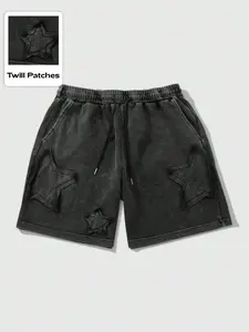 Men's Vintage Star Patch Graphic Shorts, Distressed Washed Loose Drawstring Pants, Summer Streetwear Urban Fashion, Casual Fitted Shorts, Menswear