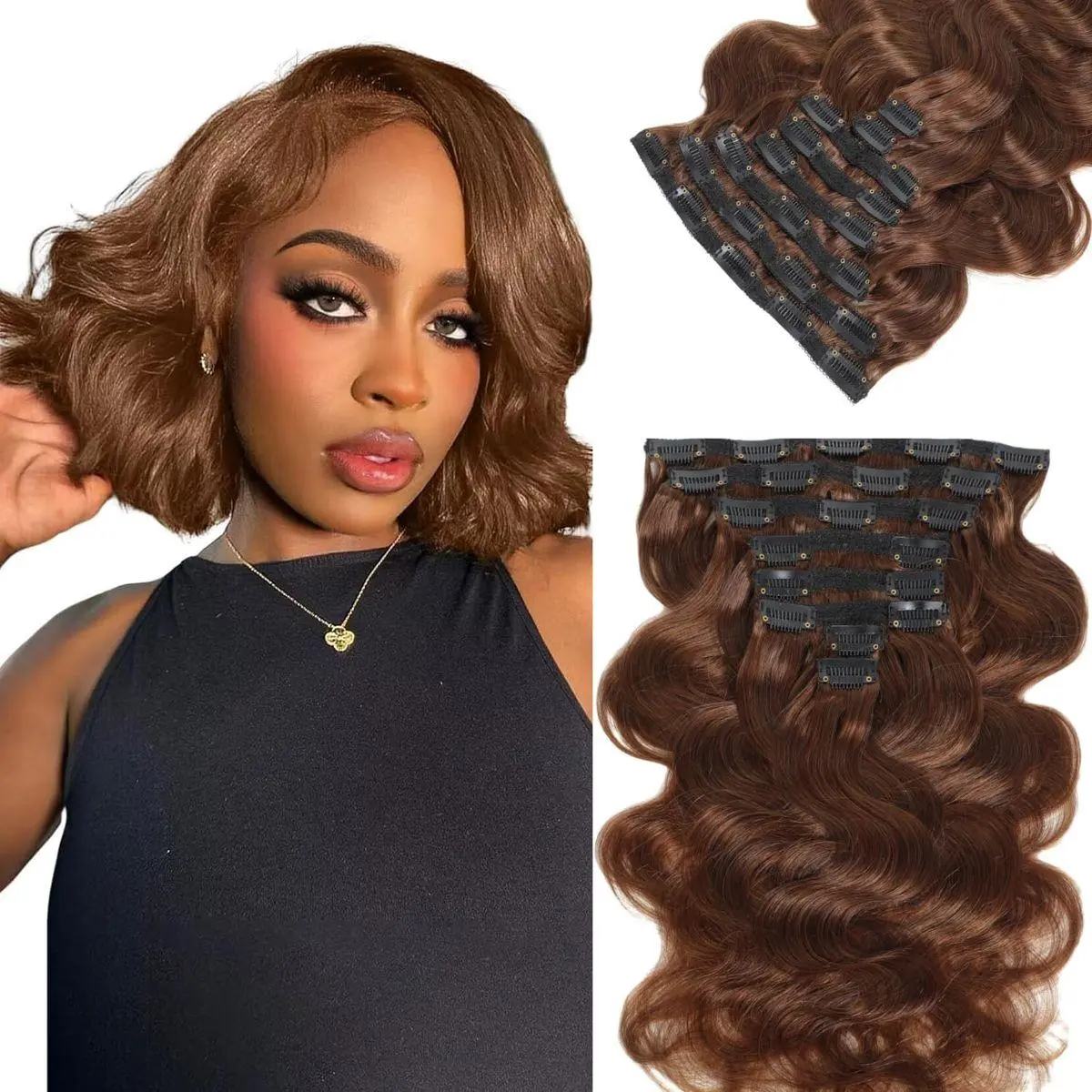 Clip In Hair Extensions Medium Brown Hair Extensions Real Human Hair For Black Women Seamless Body Wave Clip Ins 8Pcs 20 Clips 120g/set Double Wefts #4 10 Inch
